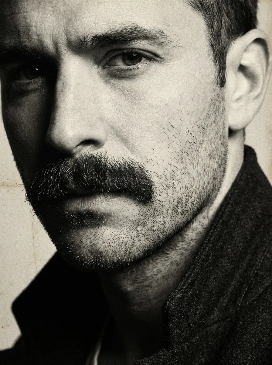 A bold close-up portrait focusing on a thick, prominent chevron-style mustache above a short layer of stubble on the cheeks and jaw