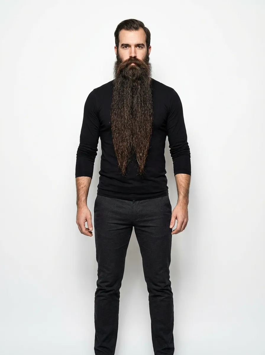A bold full-body editorial portrait of a man with a very long, naturally grown Bandholz beard