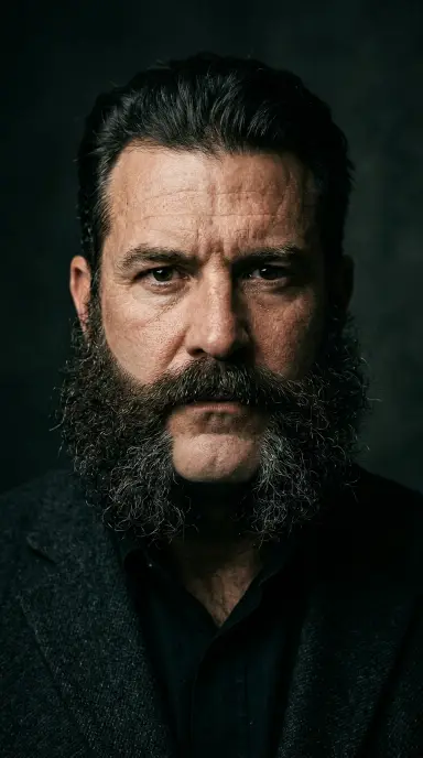 A bold-looking man with thick, full mutton chop sideburns