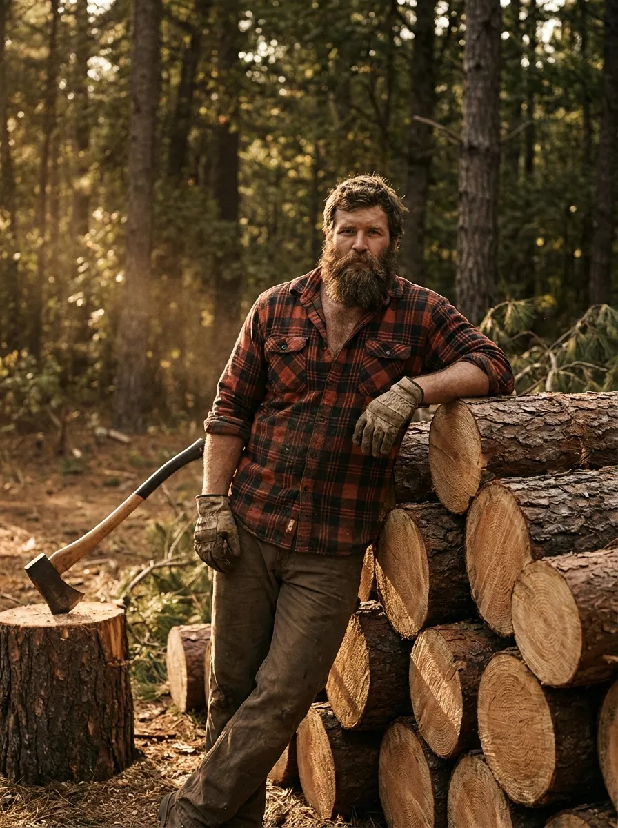 A broad-shouldered man with a bushy, natural lumberjack beard