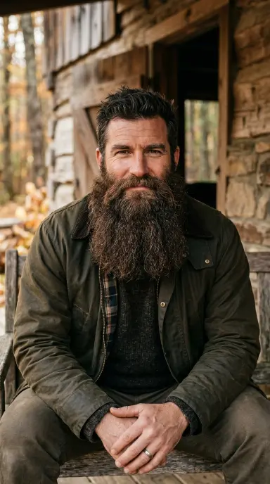A broad-shouldered man with a wide, naturally full Garibaldi beard