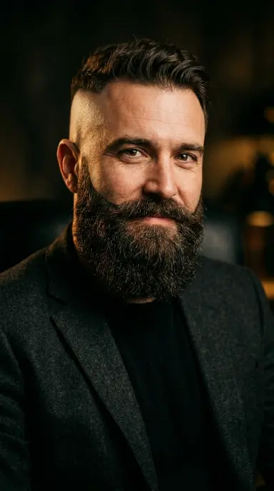 A charismatic man with a full connected beard and mustache