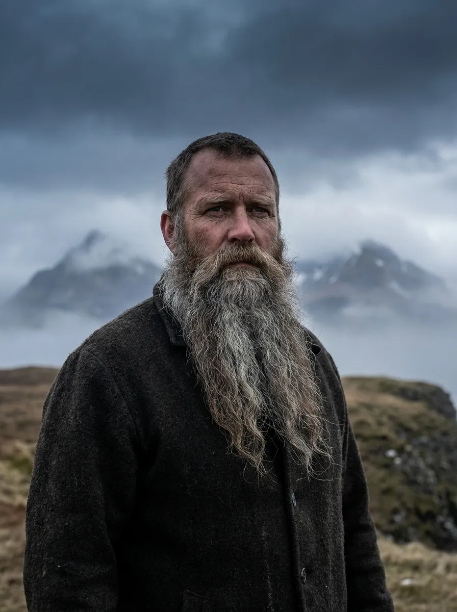 A cinematic portrait of a broad-shouldered man with a very long, thick Viking-style beard