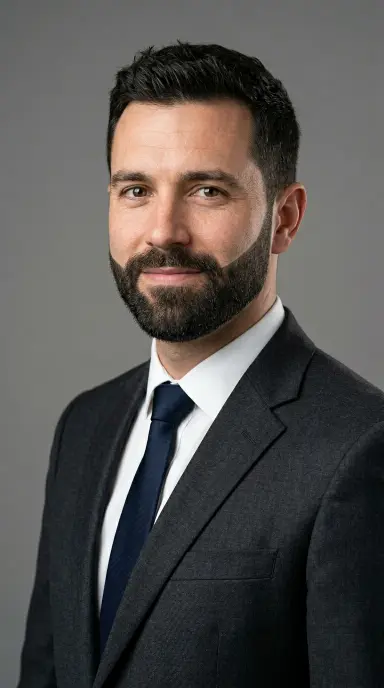 A clean-cut man with a precisely groomed short boxed beard