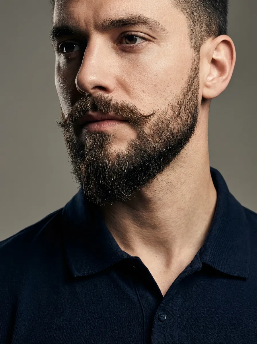 A close-up editorial portrait of a man with a precise anchor beard