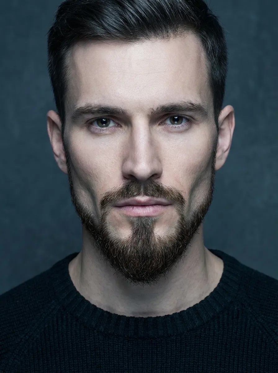 A close-up frontal portrait of a man with an anchor beard