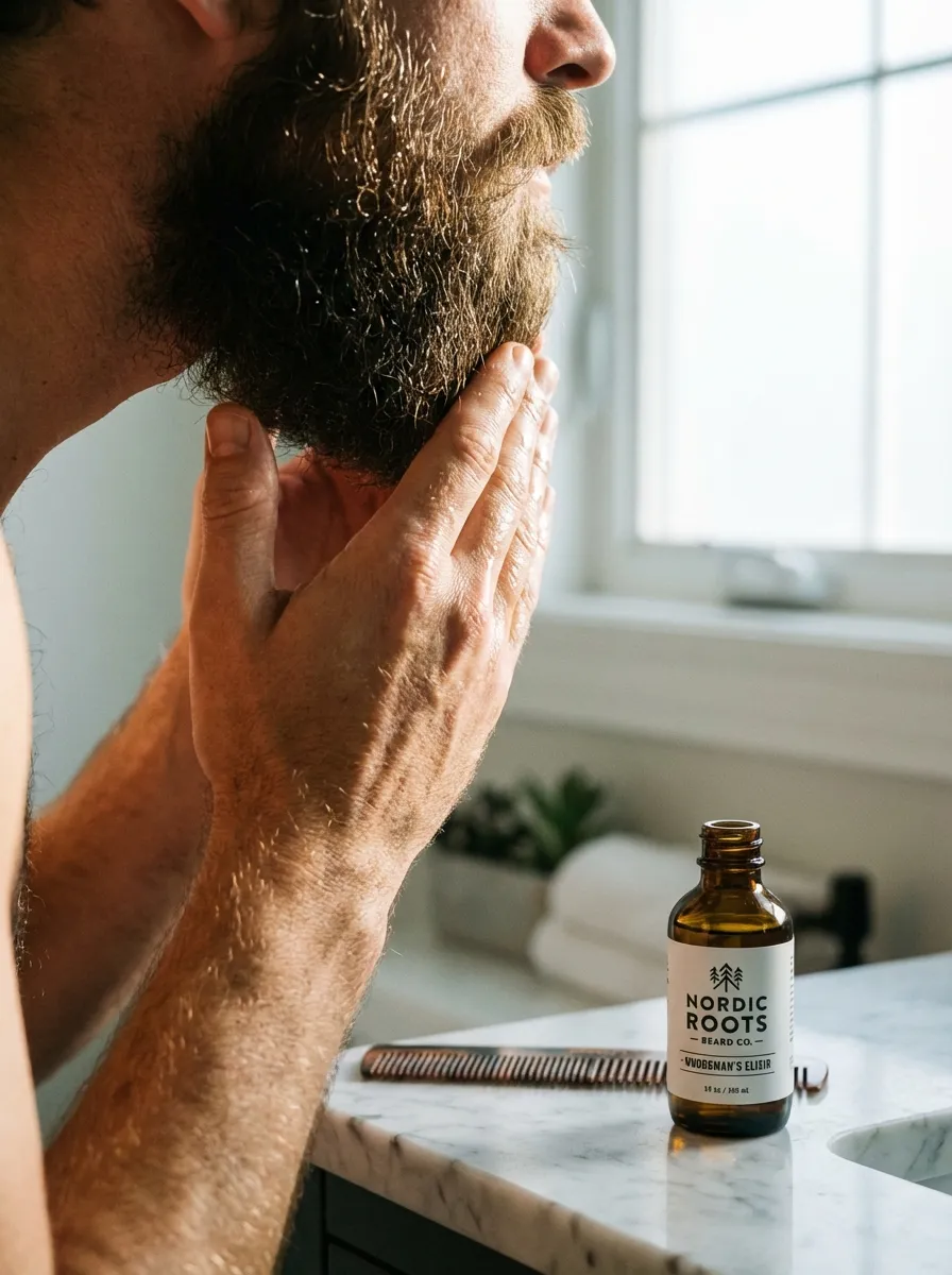 A close-up photograph of a man's hands working beard oil through a thick, well-groomed medium-length beard