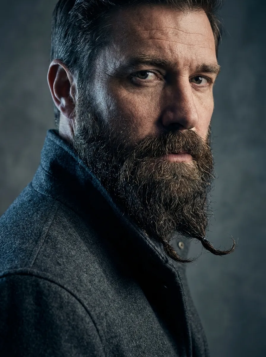 A close-up portrait of a man with a dramatic forked beard