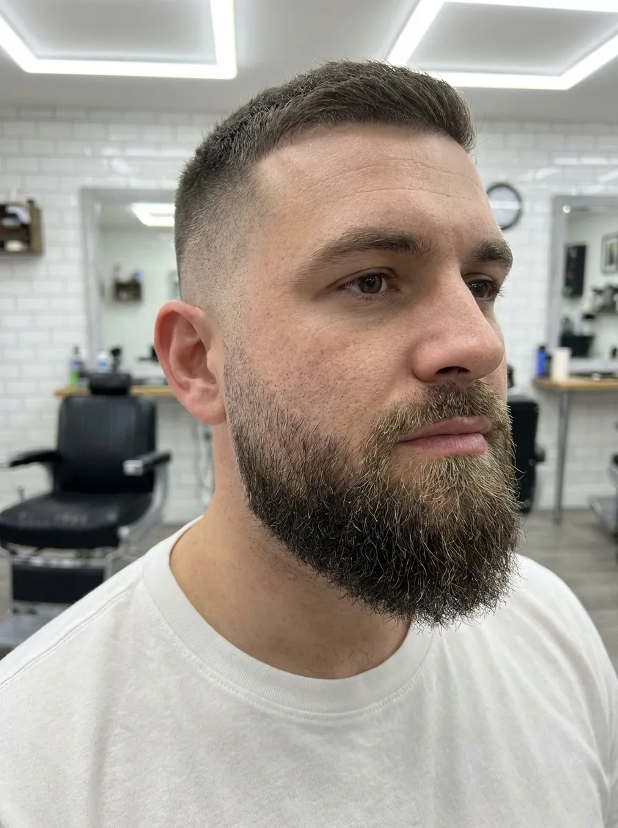 A close-up portrait of a man with a faded beard
