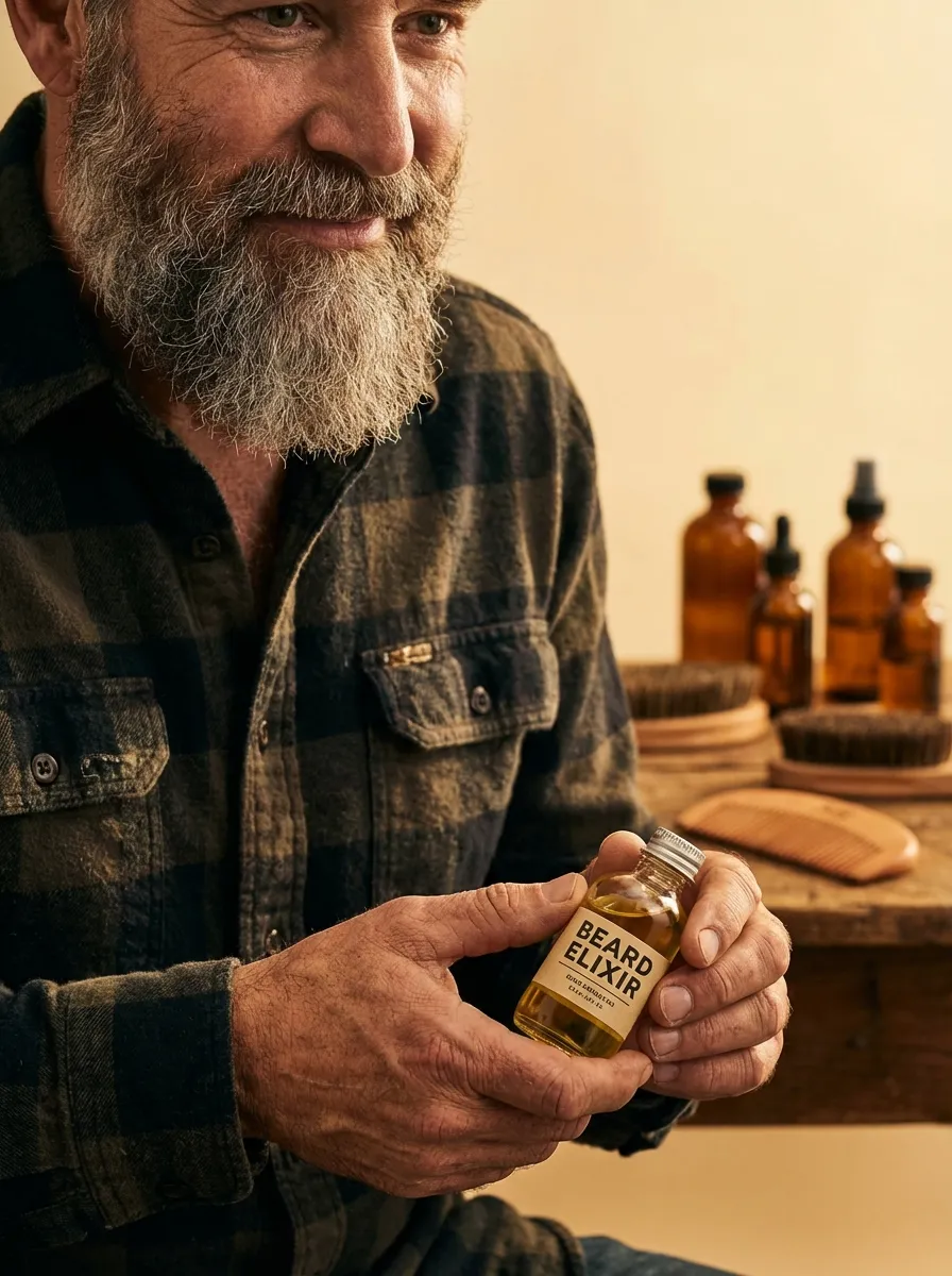 A close-up portrait of a mature man with a thick, well-conditioned long beard