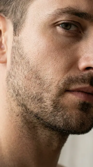 A close-up studio portrait of a handsome man in his early 30s with perfectly maintained short stubble