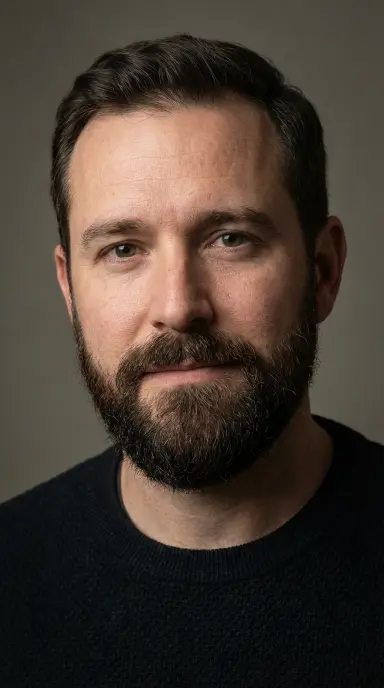 A close-up studio portrait of a man with a symmetrically shaped circle beard