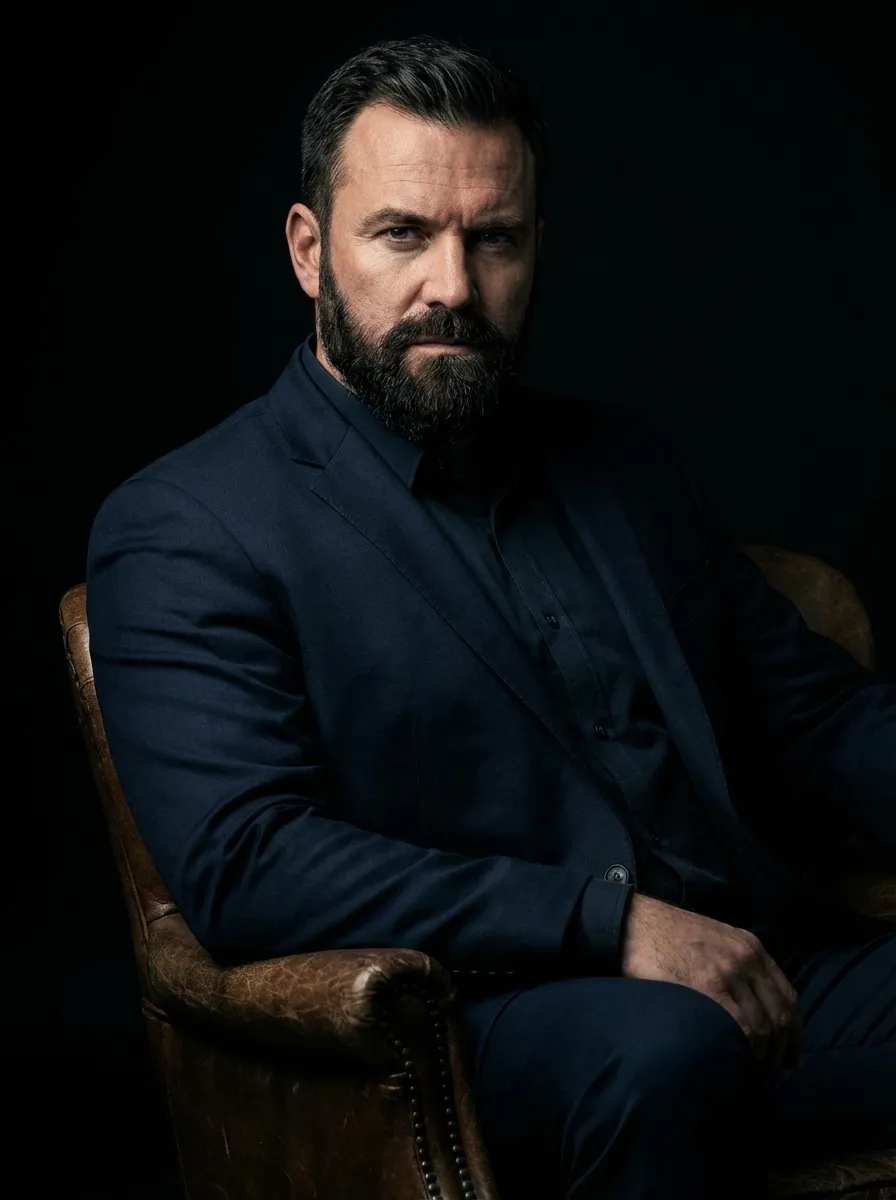 A commanding full studio portrait of a broad-shouldered man in his mid-forties with a thick, well-trimmed power beard