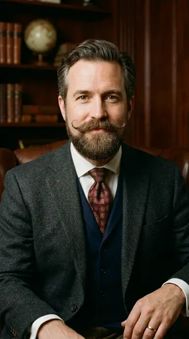 A distinguished-looking man in his 40s with a full rounded Verdi beard