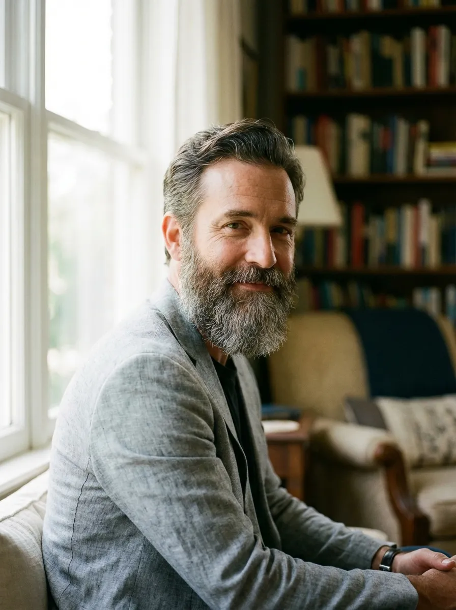 A distinguished man in his late forties with a full long salt and pepper beard