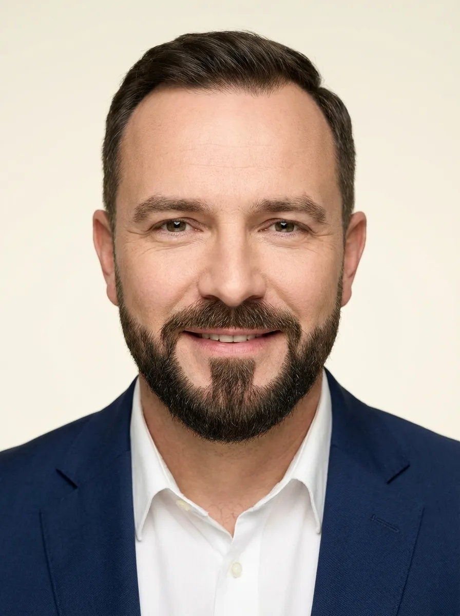 A frontal close-up portrait of a man with a neatly shaped circle beard