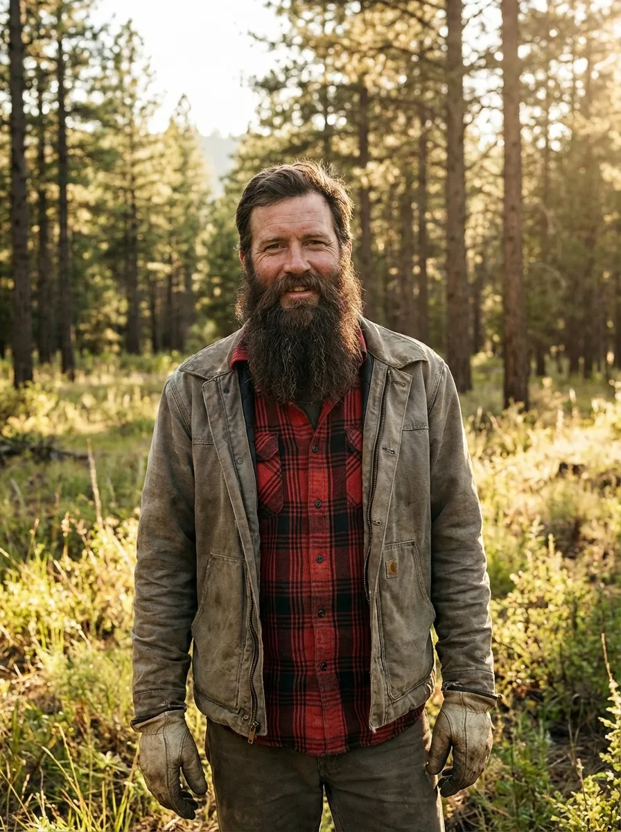 A full portrait of a rugged man in his mid-forties with a wide, naturally rounded Garibaldi beard