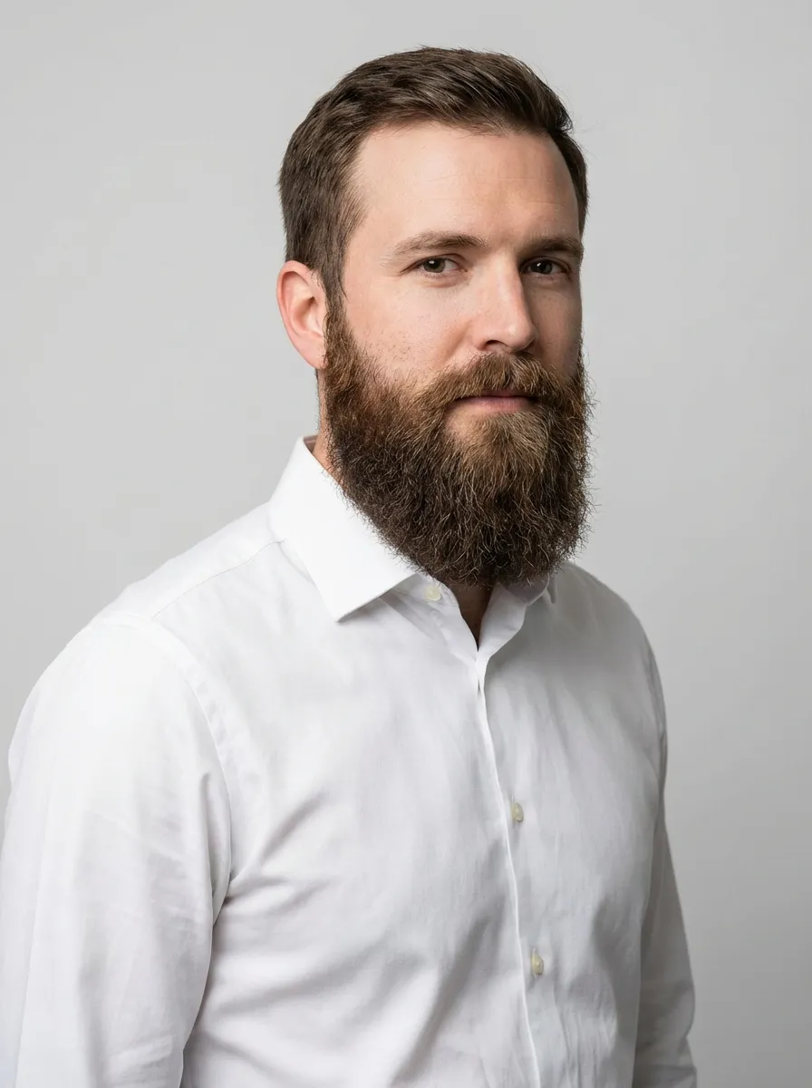 A handsome man in his mid-thirties with a classic full beard