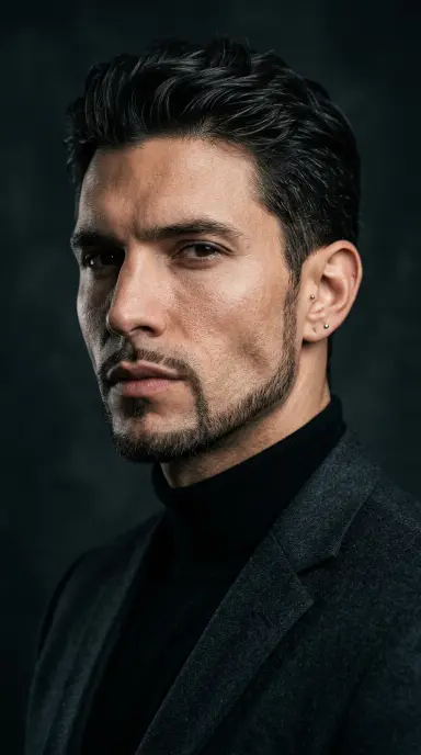 A man with strong angular features sporting a precisely defined chinstrap beard