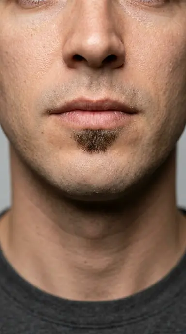 A minimalist close-up studio portrait of a man with an otherwise clean-shaven face and a small, neat soul patch positioned directly below the lower lip