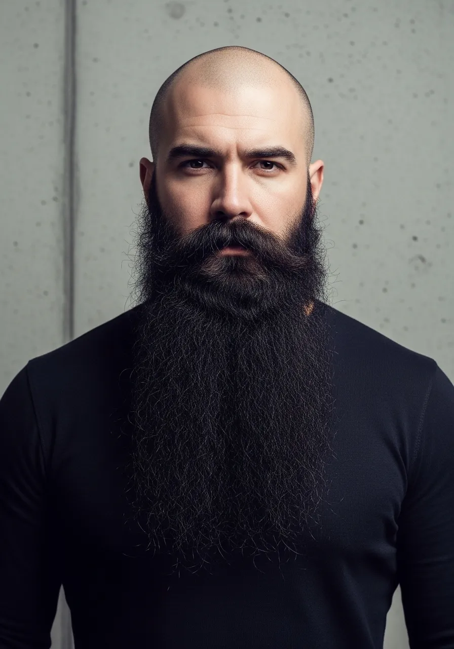 A powerful looking bald man with a long, dense full beard reaching his chest