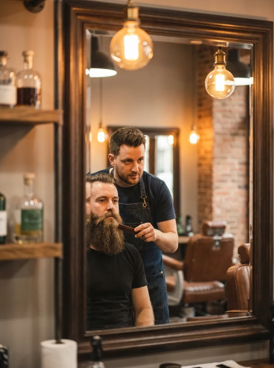 A professional grooming consultation scene in a modern barbershop