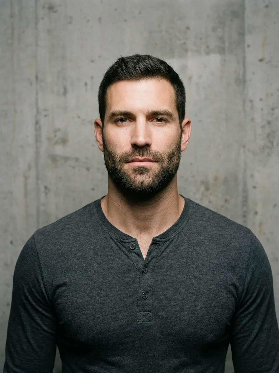 A professional half-body portrait of a man in his early thirties with approximately five millimeter heavy stubble