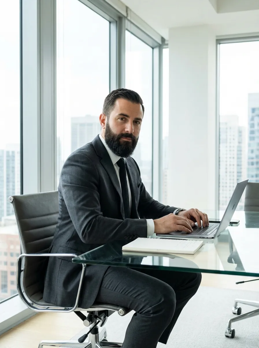A professional man in a tailored charcoal suit with a well-groomed corporate long beard