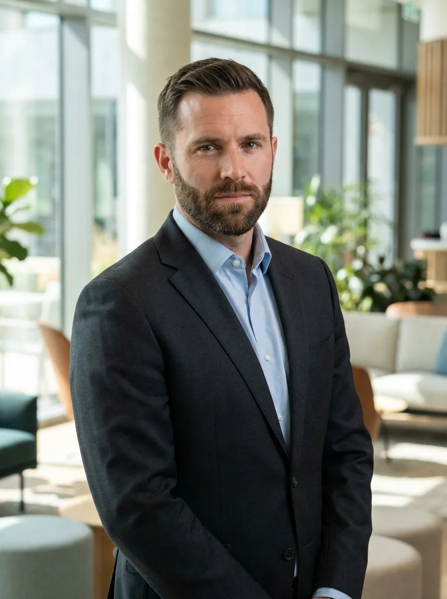 A professional portrait of a man in his late thirties wearing a tailored charcoal suit