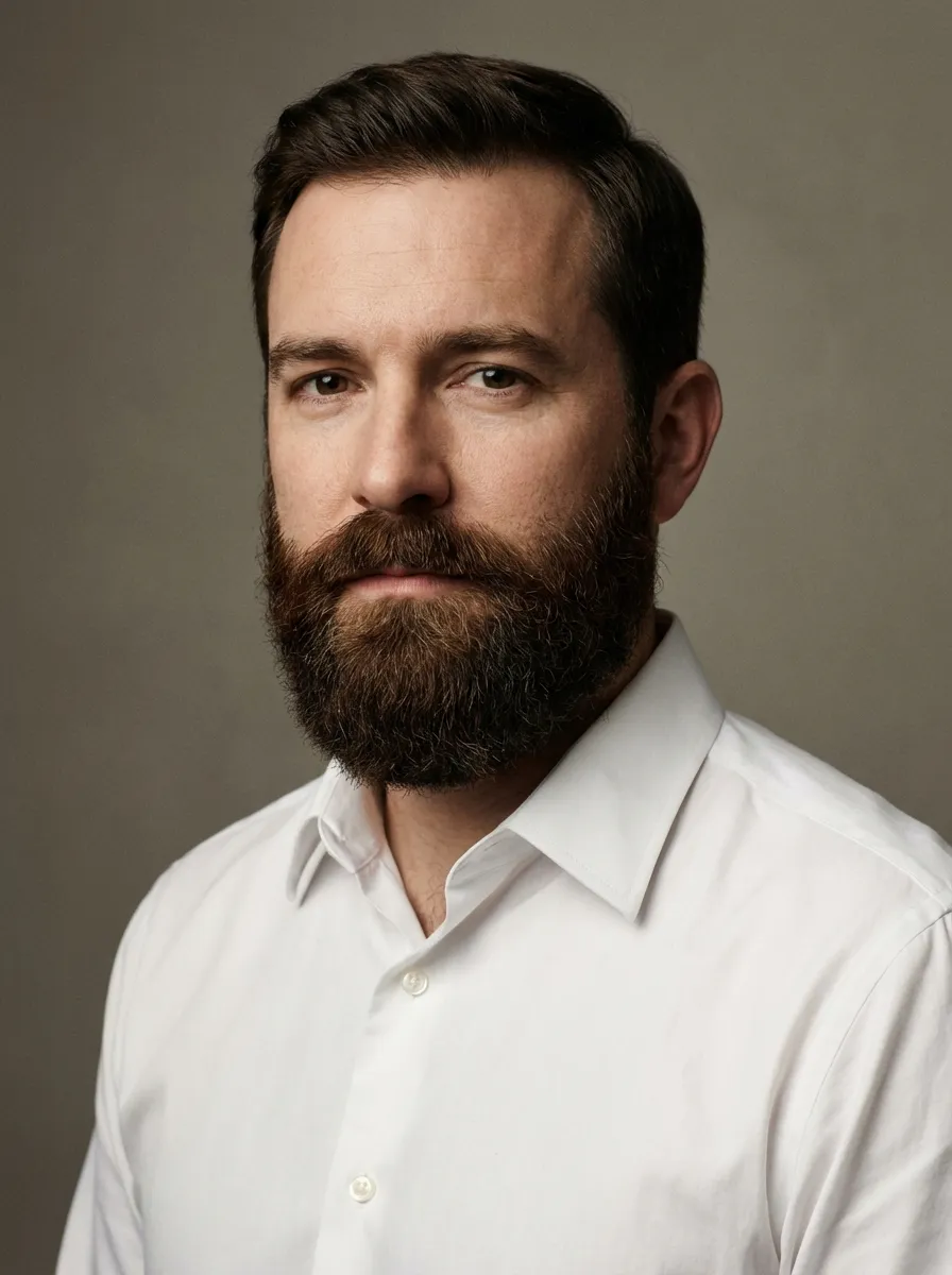 A professional studio portrait of a man in his early forties with a thick, full beard