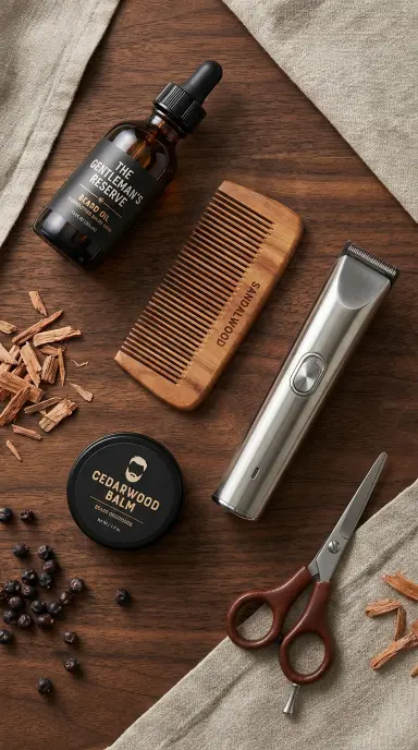 A professionally arranged flat-lay of premium men's beard grooming products