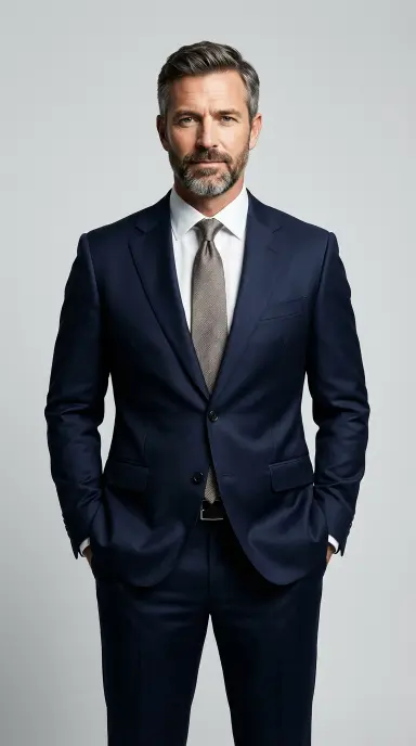 A professionally dressed man in a tailored navy suit with a neatly trimmed short corporate beard
