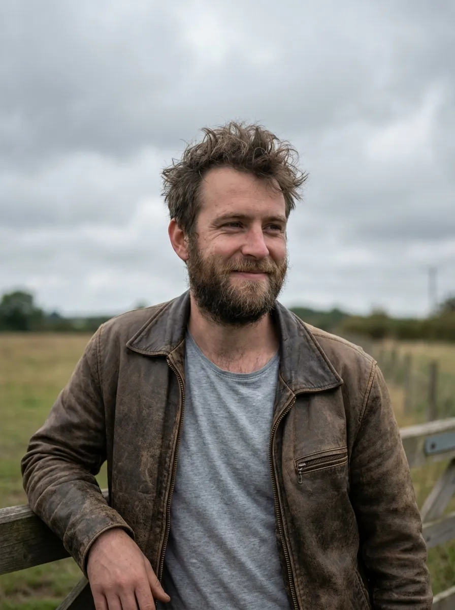 A relaxed lifestyle portrait of a man in his early thirties with a naturally grown, intentionally unkempt scruffy beard