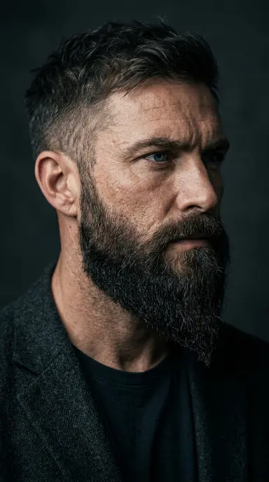 A rugged man with a full ducktail beard