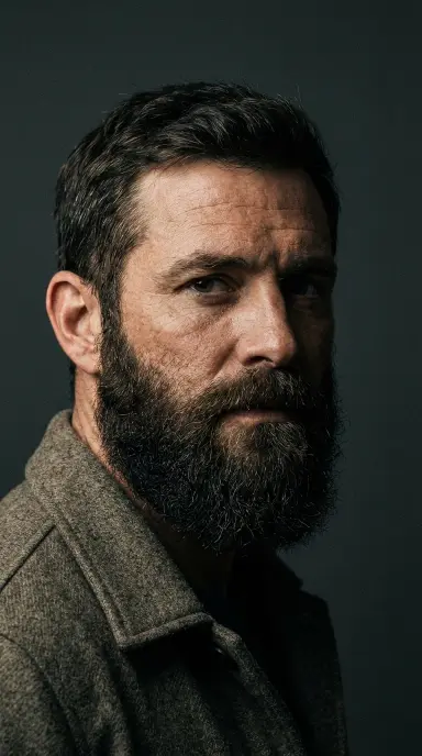 A ruggedly handsome man in his mid-30s with a thick, full beard covering his entire jawline and chin