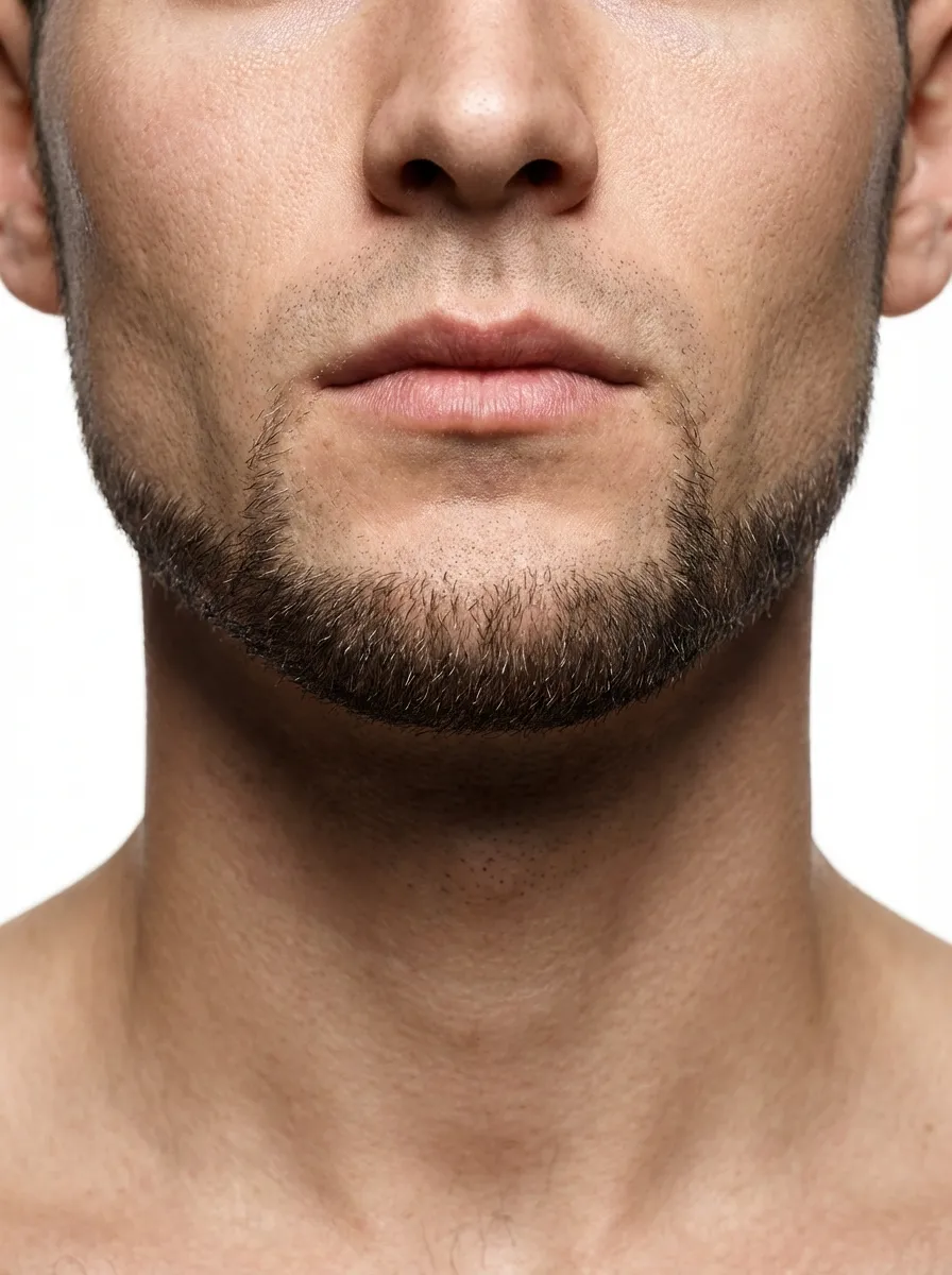 A sharp close-up portrait of a man with a chin strap beard