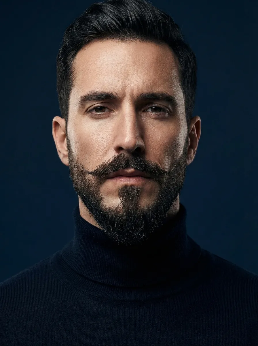 A sharp editorial portrait of a man with a precisely shaped Van Dyke