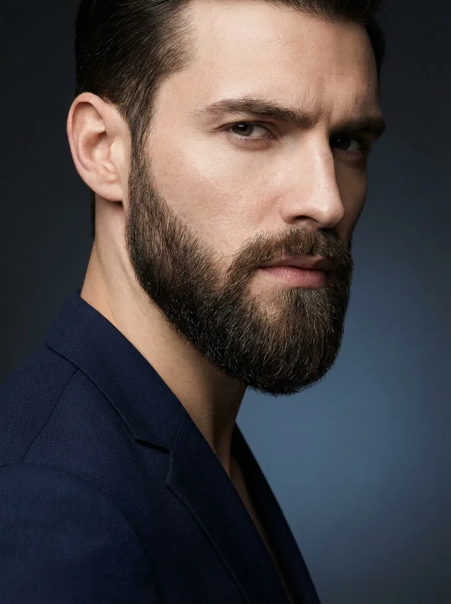 A sharp-featured man with a precisely shaped ducktail beard