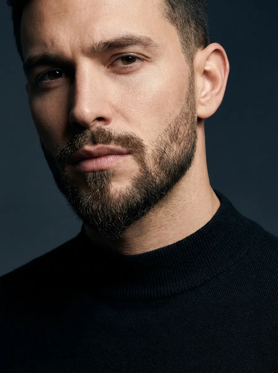 A sharp-featured man with a precisely tapered pointed beard
