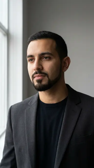 A sharp-looking man with olive skin in his late 20s sporting a neatly defined classic goatee