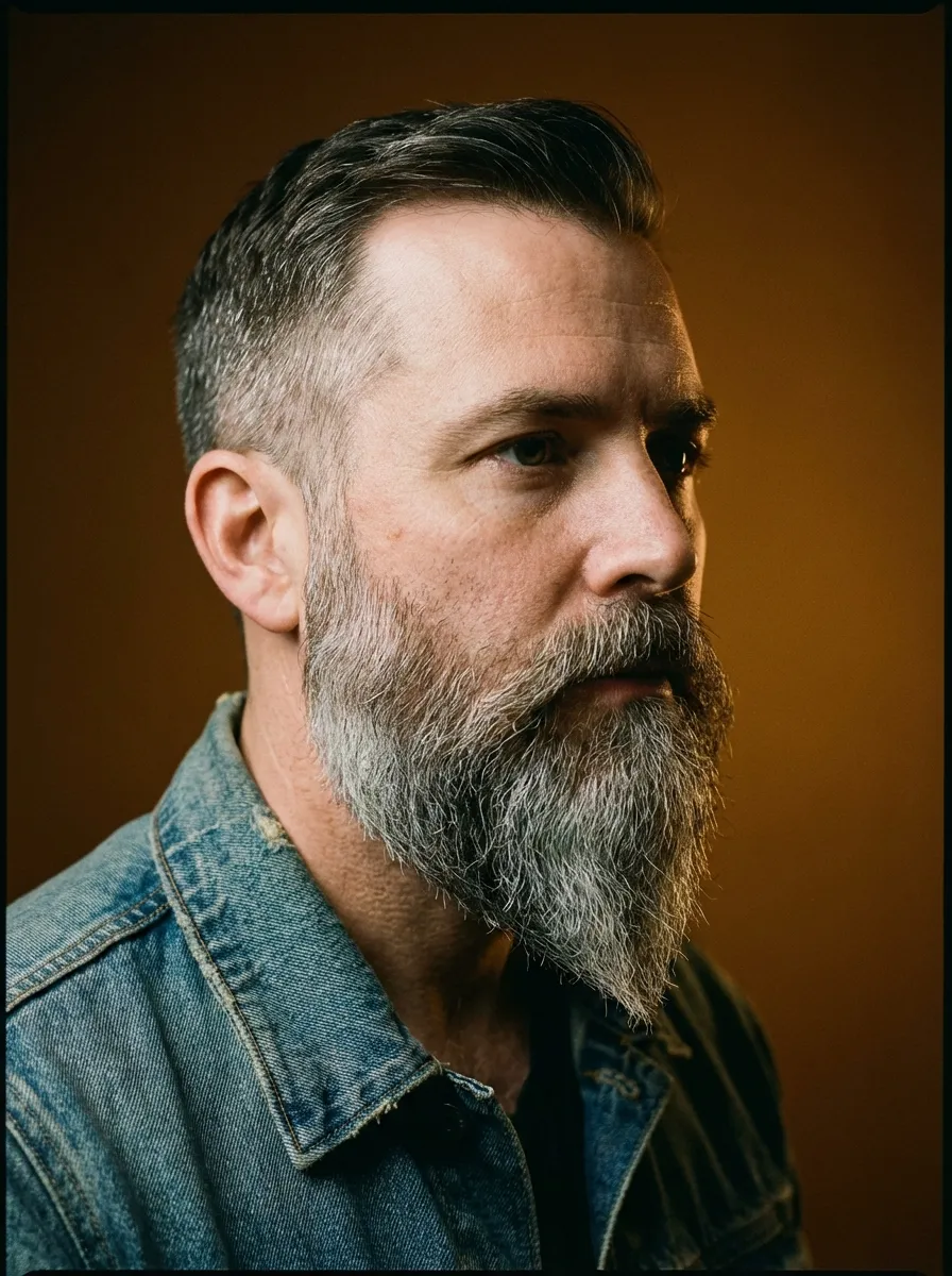 A side-angle editorial portrait of a man with a ducktail beard