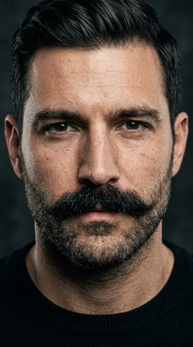 A striking close-up portrait of a man with heavy jawline stubble and a thick prominent mustache