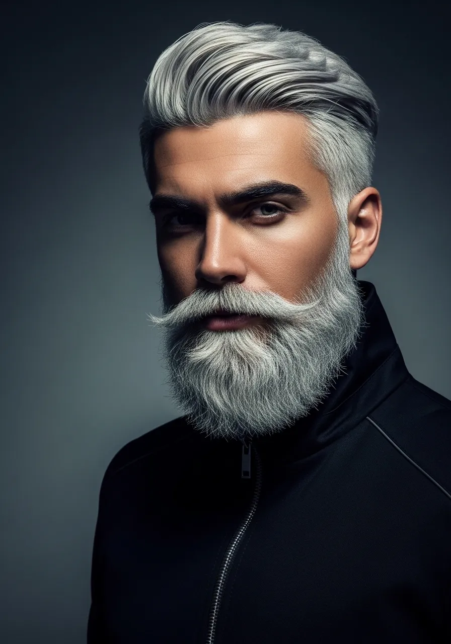 A stylish man with a long beard dyed in a cool platinum blonde tone