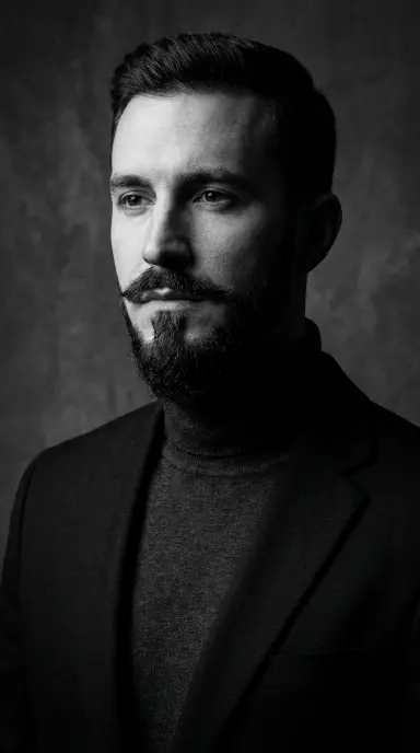 A stylish man with a precisely groomed Van Dyke beard featuring a pointed chin beard and a disconnected shaped mustache