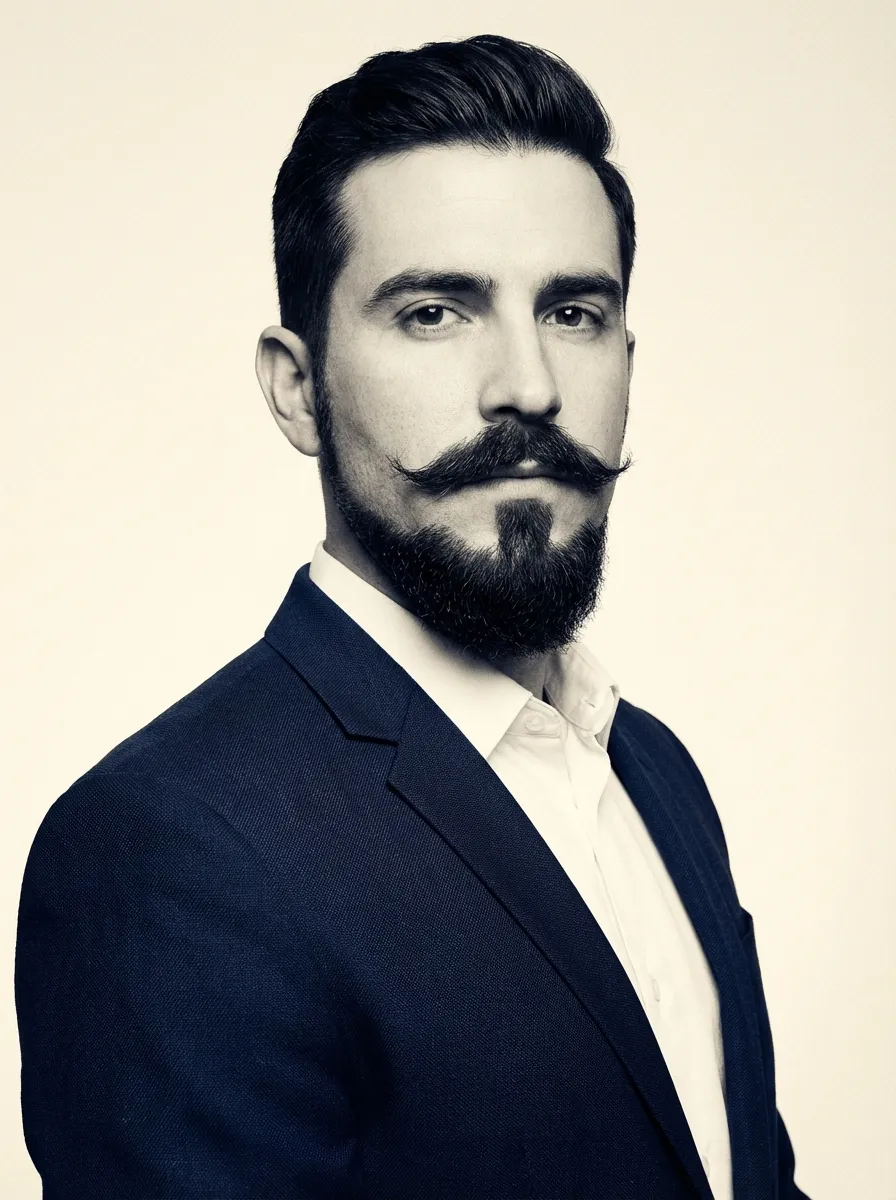 A stylized editorial portrait of a man with a Balbo beard