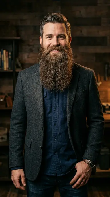 A tall, confident man in his late 30s with a long, full, well-maintained Bandholz beard