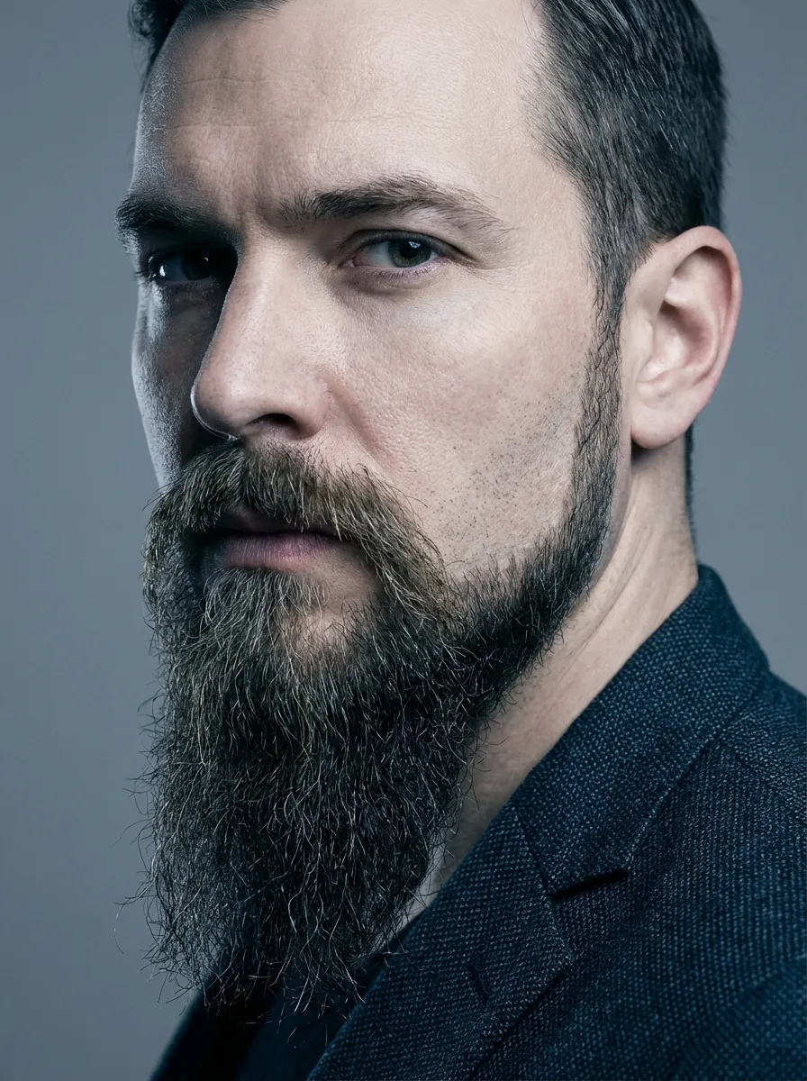 A three-quarter angle portrait of a man with an extended goatee