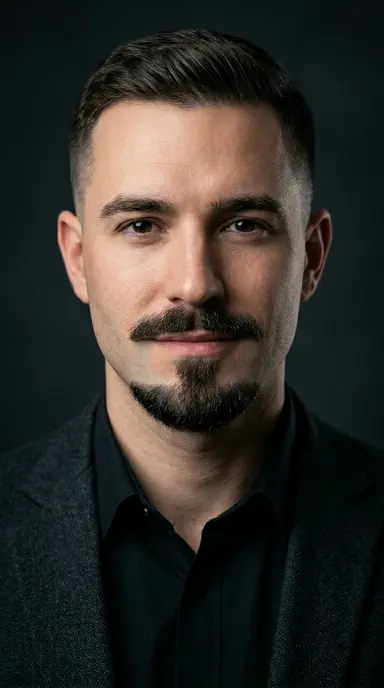 A well-groomed man with a precisely shaped Balbo beard