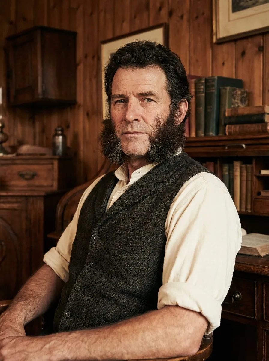 An editorial portrait of a man with prominent mutton chop sideburns