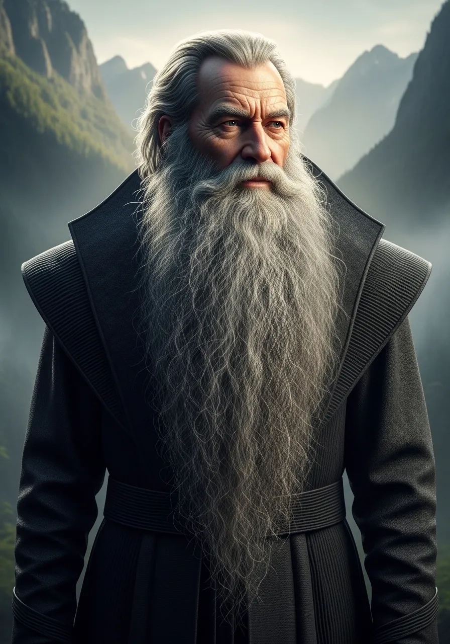An older distinguished man with an extremely long flowing wizard beard